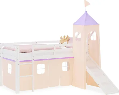Image de Lit superposé 90x200 cm avec Toboggan Lit mezzanine en Bois Pin Massif Lit d'enfant Rideau Tour Violet Pêche