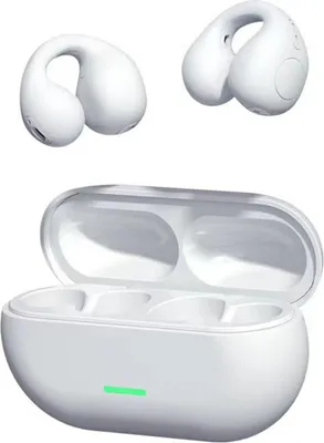A pair of white wireless earbuds and their charging case are displayed against a white background.