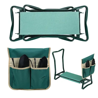 Image de Fiqops Banc de jardin 2 en 1 avec coussin souple pour les genoux, tabouret de jardin pliable avec 1 grande poche à outils, banc de jardin en acier, jusqu'à 150 kg
