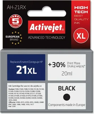 Produktbild von Activejet AH-21RX Tintenpatrone für HP Drucker, HP 21XL C9351A Ersatz; Prämie; 20 ml; schwarz, Hohe (XL-) Ausbeute, Schwarz, Tinte auf Pigmentbasis, 20 ml, 1 Stück(e), Einzelpackung