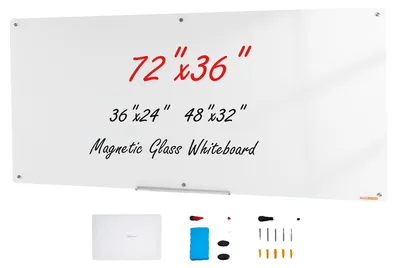 Zdjęcie produktu dla VEVOR Szklana tablica magnetyczna, tablica suchościeralna 1829 x 915 cm, biała szklana tablica do montażu na ścianie bez ramy, z półką na pisaki, jedną gumką i 2 pisakami, biała tablica magnetyczna