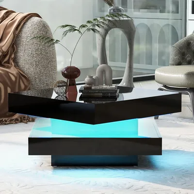 Immagine prodotto di Fortuna Lai Tavolino quadrato nero lucido con piano girevole - Stile techno moderno con 16 luci LED, 70x70x36 cm, piano girevole a 360 gradi