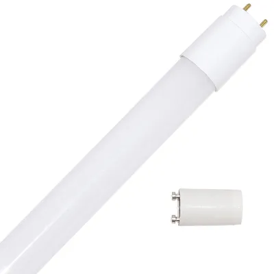 A white LED tube light with a separate starter adapter on a white background.