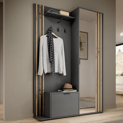 Produktbild von Garderobe STILO 131 cm Flurmöbel Set Spiegel Graphit Lamellen Artisan Eiche