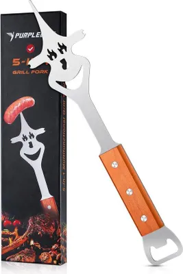 Immagine prodotto di Famanu, forchetta multifunzione per carne 5-in-1 con manico in legno - Accessori per barbecue multifunzionali, 33 cm
