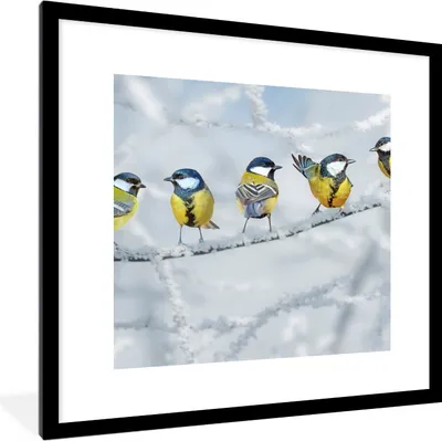 Produktbild von MuchoWow® Gerahmtes Poster Vogel - Kohlmeise - Winter - Schnee - Zweige 40x40 cm - Poster mit Schwarzem Bilderrahmen Wandposter Rahmen Foto Bilder - Poster - Plakat im Rahmen