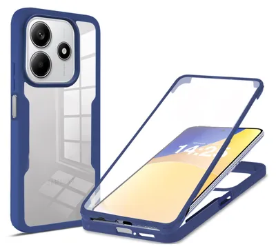 A blue and transparent phone case is shown, with a phone inside the case. The case is shown from two angles, one fully assembled and one disassembled to show the phone inside.