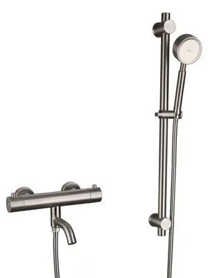Badkraan mit Thermostat, Handbrause, Brausestange, gebürstet, Edelstahl