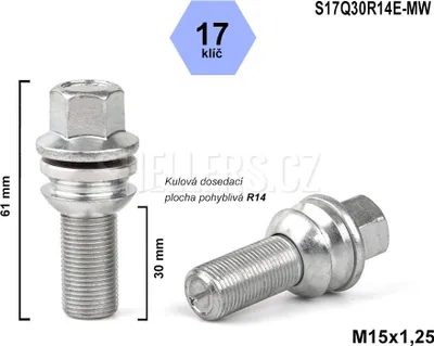 Obrázek produktu pro Kolový šroub M15x1,25x30 kulový R14, pohyblivá plocha, klíč 17, S17Q30R14E-MW, výška 61 mm