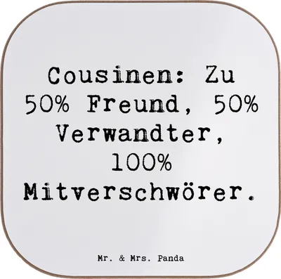 Produktbild von Mr. & Mrs. Panda Holzuntersetzer Spruch Cousin Mitverschwörer - Weiß - Geschenk, Verwandtschaft, gläseruntersetzer, Untersetzer für Gläser, Verbündete, Cousine, Glas