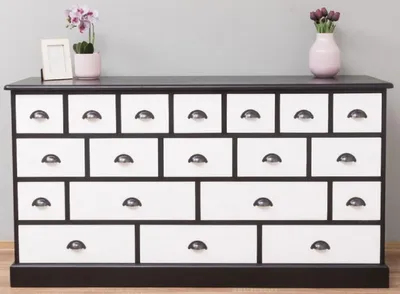 Produktbild von Casa Padrino Landhausstil Kommode Schwarz / Weiß 180 x 48 x H. 95 cm - Massivholz Schrank mit 19 Schubladen - Landhausstil Möbel - Möbel im Landhausstil - Landhausstil Einrichtung