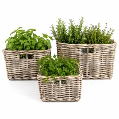 Produktbild von Rattan Pflanzkorb 3er Set – Blumentopf / Übertopf Kubu Grau mit Folie, Balkon & Terrasse | Solani Home