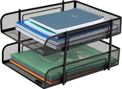 Produktbild von Famanu Papierablage mit 2 Ebenen - Dokumentenhalter - Schreibtisch-Organizer - Schwarz Metall