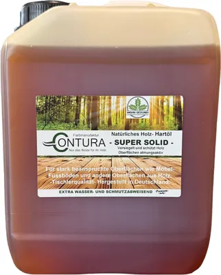 A large plastic container of wood oil with a label showing a forest scene and product details.