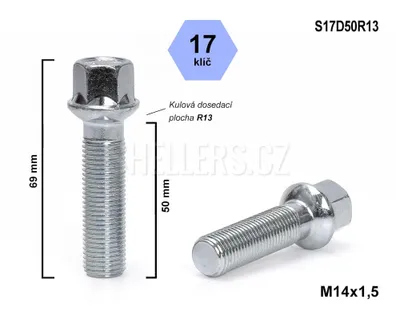 Obrázok produktu pre Skrutka kolesa M14x1,5x50 guľa R13, kľúč 17, S17D50R13, výška 69 mm