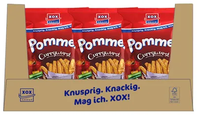 Produktbild von XOX Pommes Currywurst 24x25g, KI-generiertes Bild
