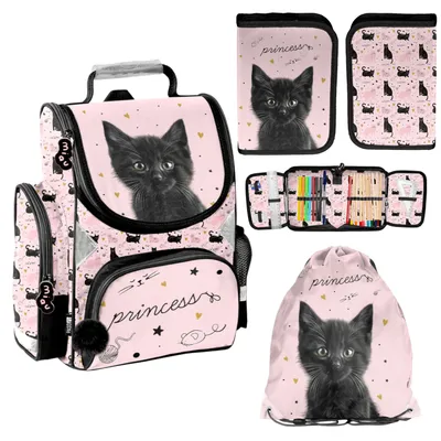 Produktbild von Schulranzen Katze Kätzchen  für Kinder mit Federmäppchen 1-3 Klasse 3-TEILIGES SCHULSET