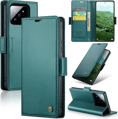 Image de Xiaomi 14 Pro Housse, étui en cuir portefeuille porte-carte avec fonction stand pour Xiaomi 14 Pro vert