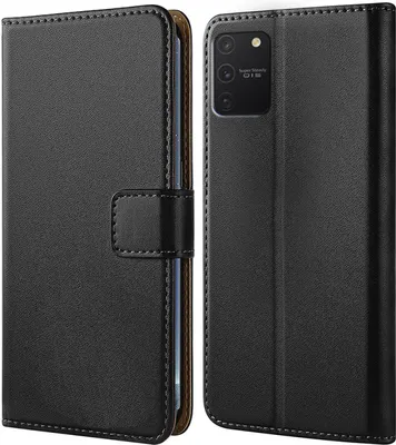 A black flip-style phone case is shown, open to reveal the inside.