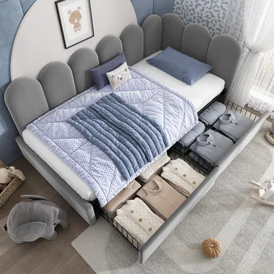 Image de OKWISH Lit Banquette 90x200 cm - Lit Enfant Capitonné avec 2 Tiroirs de Rangement et Sommier à Lattes, en Velours - sans Matelas - Gris