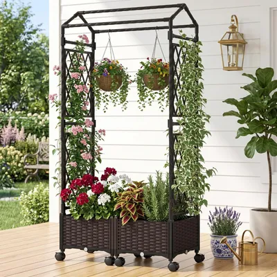 Image de Jardinière Zerbaco, avec treillis, sur roulettes, mobile, 154 x 40 x 162 cm, marron