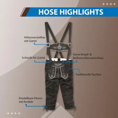 Produktbild von Jungen Kniebundhosen Leder Trachtenhose mit Hosenträgern, Farbe:Dunkelbraun, Größe:140