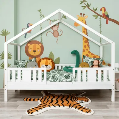 Produktbild von MEBLE WRÓBEL Kinderbett 90x190 cm – Bett mit Rausfallschutz & Lattenrost - Hausbett aus Kiefer Weiß - Kleinkindbett für Jungen & Mädchen - Standhöhe 20 cm