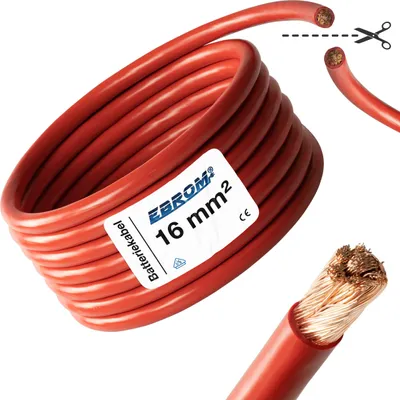 Produktbild von EBROM® 5 Meter Batteriekabel 16 mm² ROT - Pluskabel - Wohnwagen - KFZ - Boot - 99,9 % OFC Kupfer Vollkupfer - 5m 16 mm2 - 5 m 16mm2
