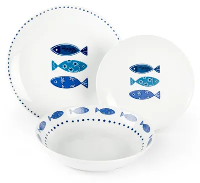 A set of white ceramic plates and a bowl decorated with blue fish patterns and blue dots.