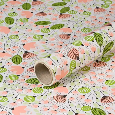 Image de Papier cadeau Fleurs, Art déco, Vert, Rose, 0,70 x 10 m - Anniversaire & Pâques