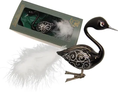 Produktbild von Krebs Glas Lauscha Weihnachtsbaumschmuck - Schwan in schwarz mit Clip - aus Glas - ca. 9cm + ca. 5cm Echtfeder