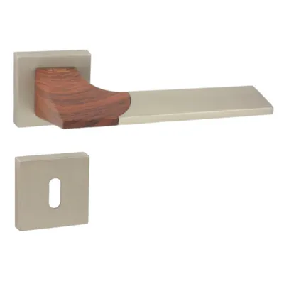 Produktbild von DOMINO Türgriff Drückergarnitur BB-Buntbart Set | quadratische Rosette | Türklinke für Zimmertür, Bürotür, Kellertür & Innentür | Türbeschläge aus Znal  |  Satin Nickel/Wood |LIKE QR M91/WOOD