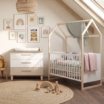 Immagine prodotto di Set per cameretta "Noah" - Set per cameretta neonato con lettino (70 x 140 cm) e fasciatoio - Legno bianco e color cashmere - Set moderno composto da 2 elementi