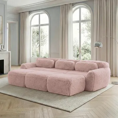 Zdjęcie produktu dla Pluszowa sofa typu „Boneless Cloud” z 3 podnóżkami, 3-osobowa, rozkładana, 291 x 179 x 73 cm, różowa