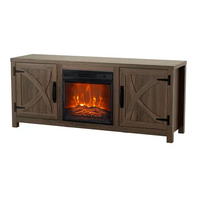 A media console with an electric fireplace.