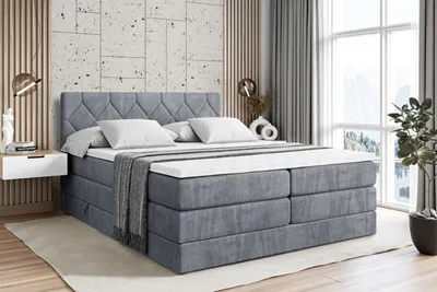 Produktbild von ALTDECOR Boxspringbett mit 2 Matratzen und Topper - 160x200 cm - CATOR KING - Grau Samt - Polsterbett mit, H3- und H4- Matratzen, Bettkasten und Lattenrost, Bett mit Stauraum