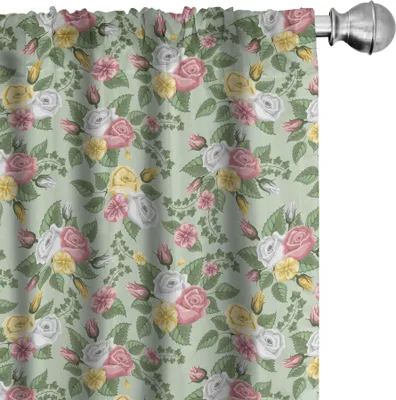 Produktbild von ABAKUHAUS Romantisch Vorhänge, Gardinen, Englisch Garten-Kunst-Themed Blumen Details Muster mit romantischen Rosen, 2 Stück 75 x 175 cm, Hellgrün Mehrfarbig