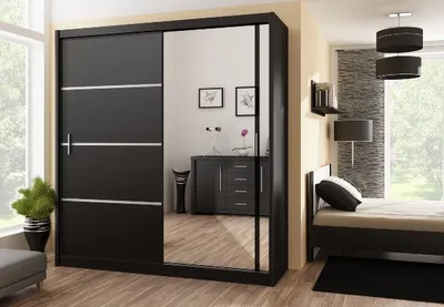 Produktbild von Kleiderschrank Vista mit Spiegel 203 cm, Schwebetürenschrank, Garderobeschrank Schlafzimmer; Wohnzimmerschrank; Korpus Schrank Farbe: Schwarz; Farbe der Schrankfront: Schwarz