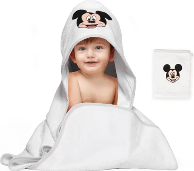 Immagine prodotto di Set di asciugamani con cappuccio Disney Baby, 2 pezzi, 100% cotone - Topolino - 80x80 cm + 15x20 cm
