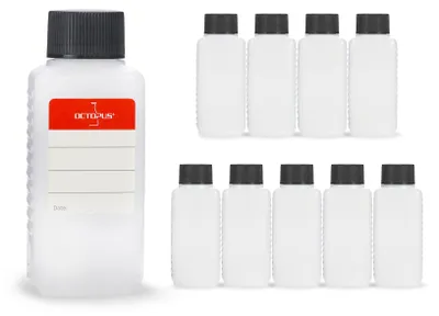 Immagine prodotto di 10 bottiglie di plastica da 100 ml angolari in HDPE, naturali, G25, tappo nero