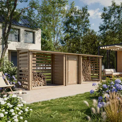 Produktbild von TIMBELA M206 Brennholzlager aus Holz mit geschlossenem Stauraum 6,18 m2 großer doppelter Holzunterstand für Brennholz und Gartengeräte