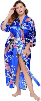 Produktbild von Lange satijnen zomerkimono koningsblauw bloemenpatroon badjas