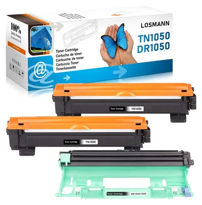Imagen del producto de Cartucho de tóner LOSMANN (2 unidades) y tambor (1 unidad) compatibles con Brother TN1050 DR1050, para impresoras Brother HL-1112A, HL-1112E, serie HL-1112, HL-1201, HL-1210W, HL-1211W, HL-1212W, MFC-1810E, MFC-1815, MFC-1910W (paquete de 3 unidades)