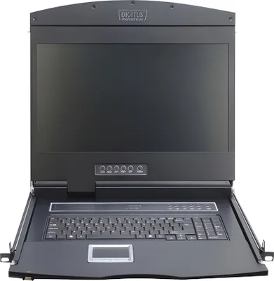 Zdjęcie produktu dla Digitus Konsola modułowa z monitorem TFT o przekątnej 19″ (48,3 cm), 16-portowym przełącznikiem KVM & touchpadem, klawiatura niemiecka, 48,3 cm (19"), 1366 x 768 px, 1000:1, TFT, 16.78 millionów kolorów, VGA