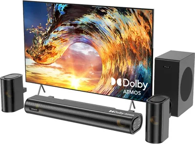 Image de 4.1 Barre de son avec Dolby Atmos, caisson de basses, puissance maximale de 300 W, 2 enceintes surround avant, barre de son pour haut-parleurs de télévision, offrant des aigus et des basses de haute qualité