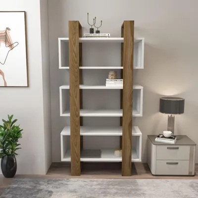 Produktbild von Skye Decor, Hochwertiges Bücherregal, Walnuss und Weiß, 80 x 150 x 29,5 cm | 100% melaminbeschichtete Spanplatte, 18 mm dick | Modernes Design für stilvolle Wohnräume.