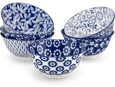 Immagine prodotto di Set di 6 ciotole in porcellana, capacità 720 ml, stile vintage, colore blu e bianco, in Vetroceramica, ideali per cereali, insalate, zuppe
