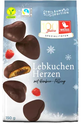 Produktbild von Weiss Gefüllte Lebkuchen Herzen Himbeere Zartbitter 150g
