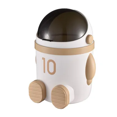 A white and tan astronaut-shaped trash can with a brown lid, shown from the front.