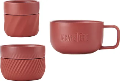 Zdjęcie produktu dla Zestaw 3 filiżanek dla miłośników kawy La Cafetière, z filiżankamiPojemne filiżanki o pojemności 380 ml, 200 ml i 100 ml z silikonowymi uchwytami ułatwiającymi trzymanie, czerwone